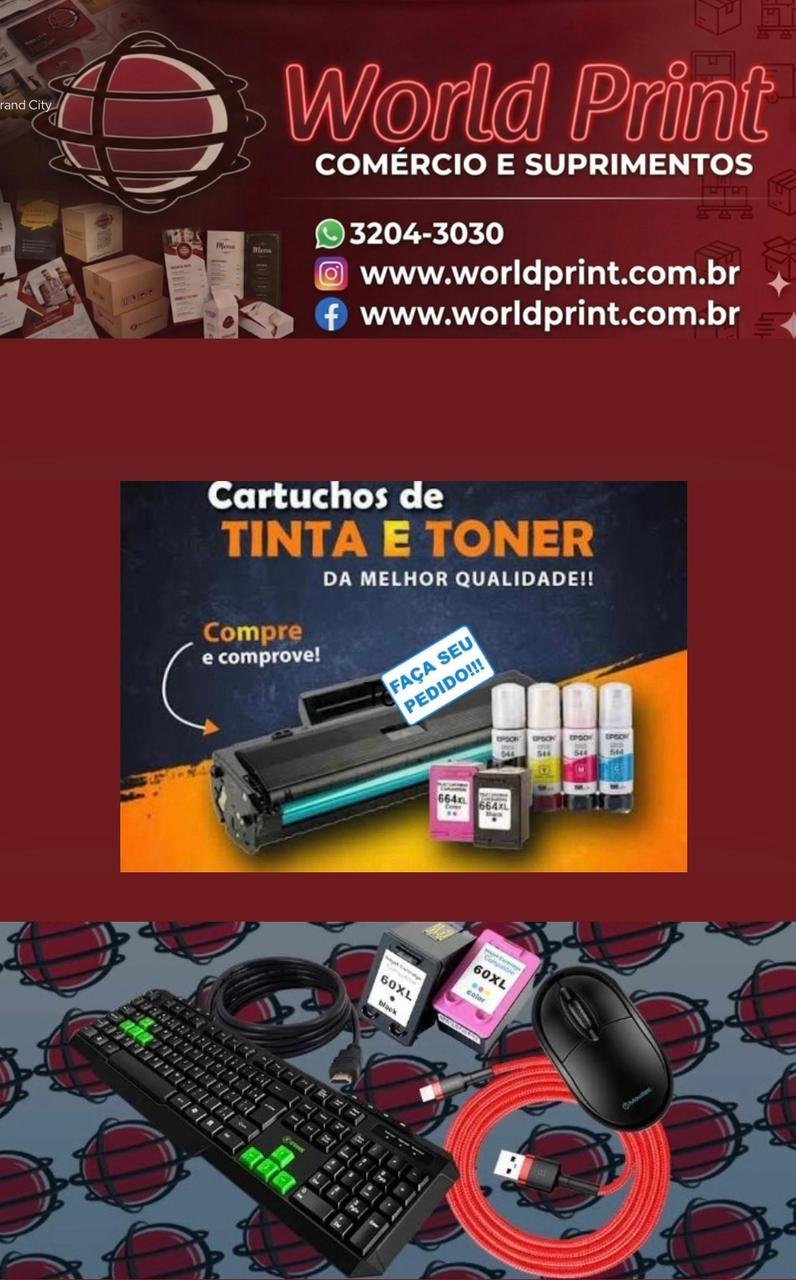 Folder promocional da World Print com produtos de informática e impressão